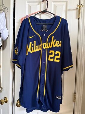 Nike Navy Gold Milwaukee Brewers Baseball Jersey #22 Size 56